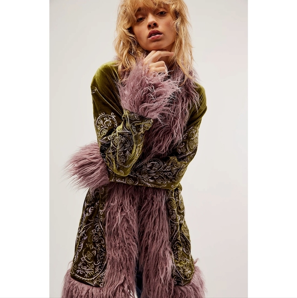 Free People Moon Glow Velvet Embroidered Penny Lane Fur Coat - Picture 7 of 12